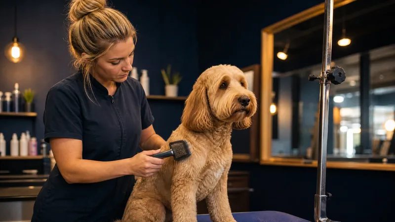 Groomer brushing a calm dog on a grooming table, How to Start a Pet Grooming or Kennel Business in Connecticut