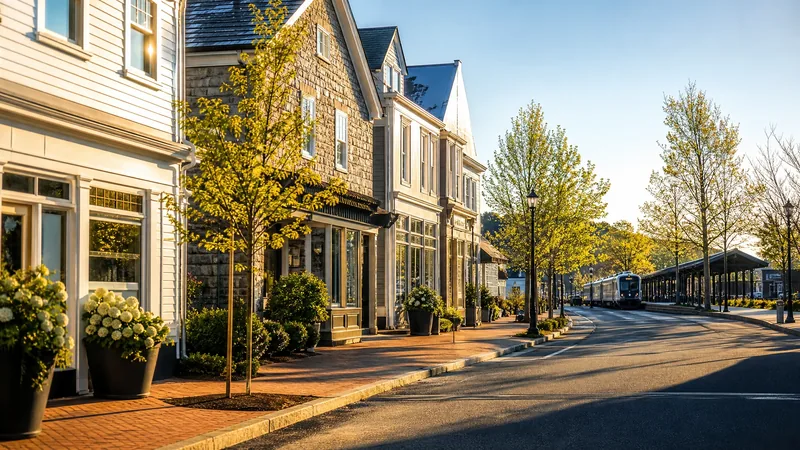 Affluent New England downtown of white clapboard and stone shops with planters near a commuter rail platform, Danbury, CT Business License