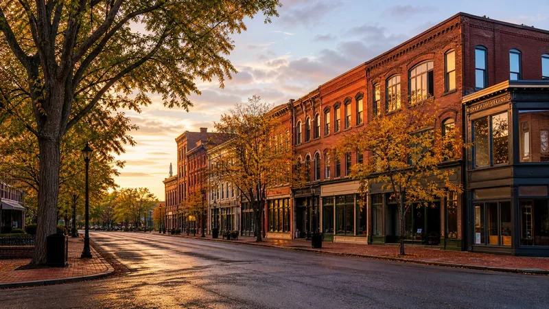 Brick mill-era main street of low storefronts with mature maples and no readable signage, Connecticut Town Business Requirements Compared